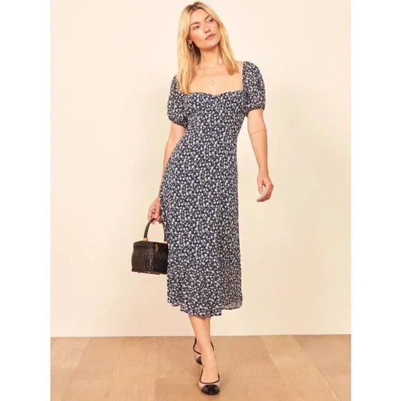 💕REFORMATION💕 Hannah Dress ~ Elyse Blue with White Micro Floral Print 4 NWOT
